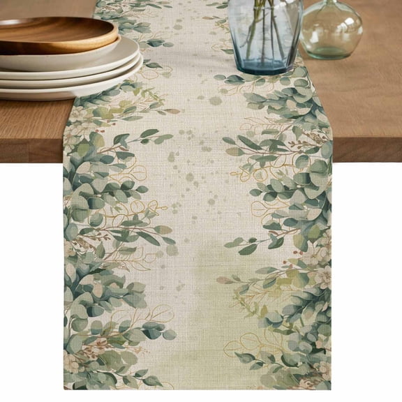 Spring Eucalyptus Cotton Linen Table Runner for Dining Kitchen, Summer Botanical Leaves Beige Watercolor Wedding Outdoor Party Tablerunners, Dresser Scarf Coffee Tablecloth Runners 13x90 Inches