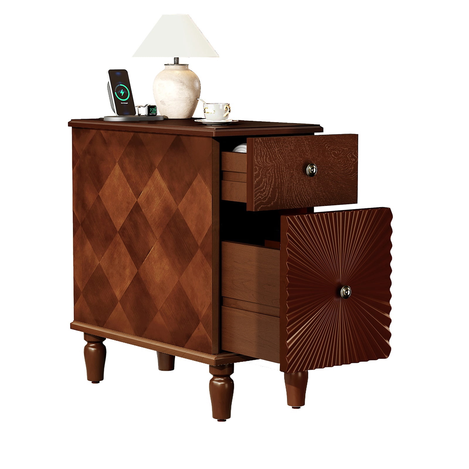 Hommoo Modern 2 Drawer Sofa Side Table, Narrow End Table Nightstand for Living Room, Bedroom, Walnut