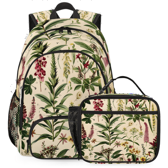 Herdesigns Wildflowers Botanical Vintage Large Backpack Set with Lunch Box Lightweight Water Resistant Travel Laptop Backpacks Casual Daypacks for Women Men