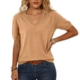 thumbnail image 2 of Lumtrix Womens Short Sleeve Sweater Spring Summer V Neck Lightweight Pullover Summer Dressy Casual Blouse Camel M, 2 of 6