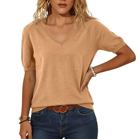 Short Sleeve Sweater for Women Summer V Neck Pullover Tops Business Casual Lightweight Sweaters Spring Clothes 2026 Brown 2XL