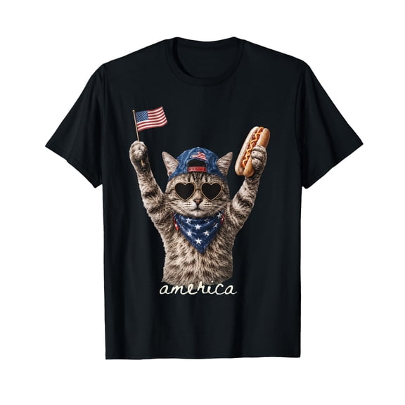 Retro Funny America Cat Hot Dog Lovers Patriotic US Flag T-Shirt