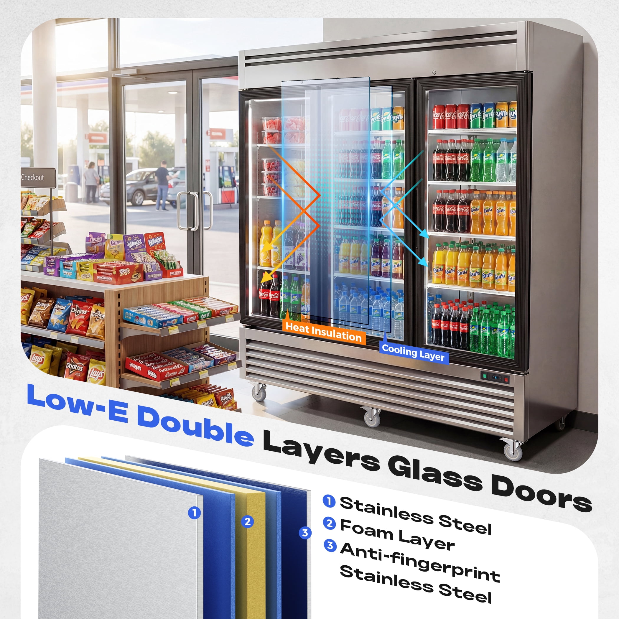 Coolake 82" Commercial Refrigerator 3 Glass Door, 72 Cu.ft Stainless Steel Upright Merchandiser Cooler, 33℉~41℉