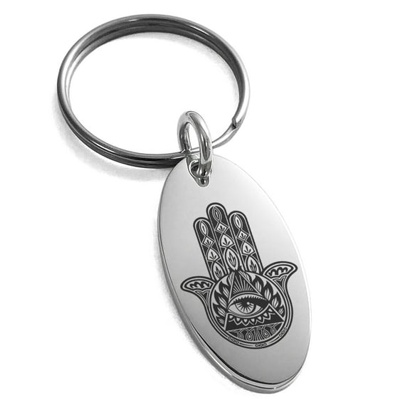 Stainless Steel All Seeing Eye Hamsa Hand of Fatima Engraved Small Oval Charm Keychain Keyring