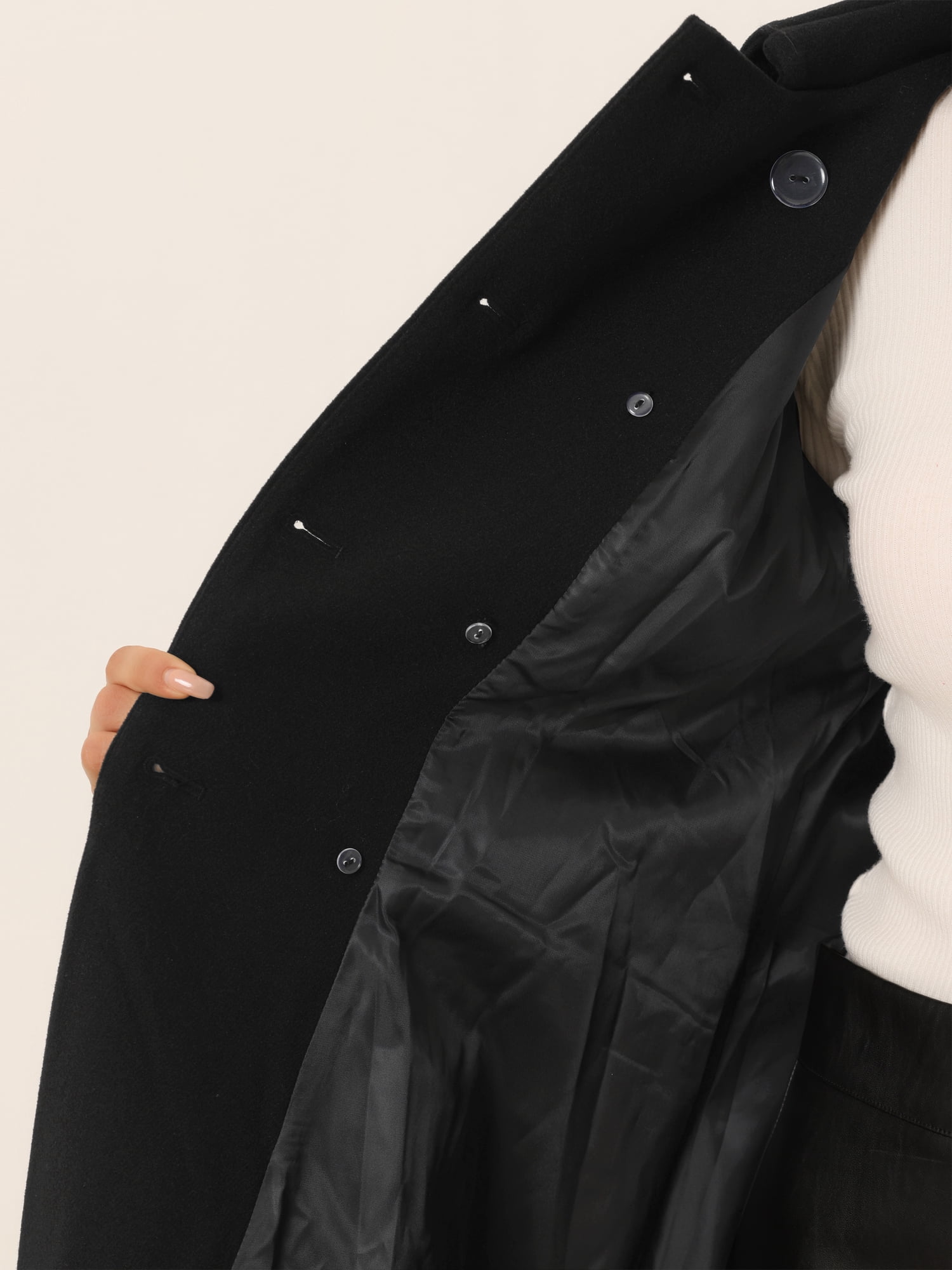 Unique Bargains Women's Single Breasted Button Velvet Contrast Collar Pea Coat XS Black