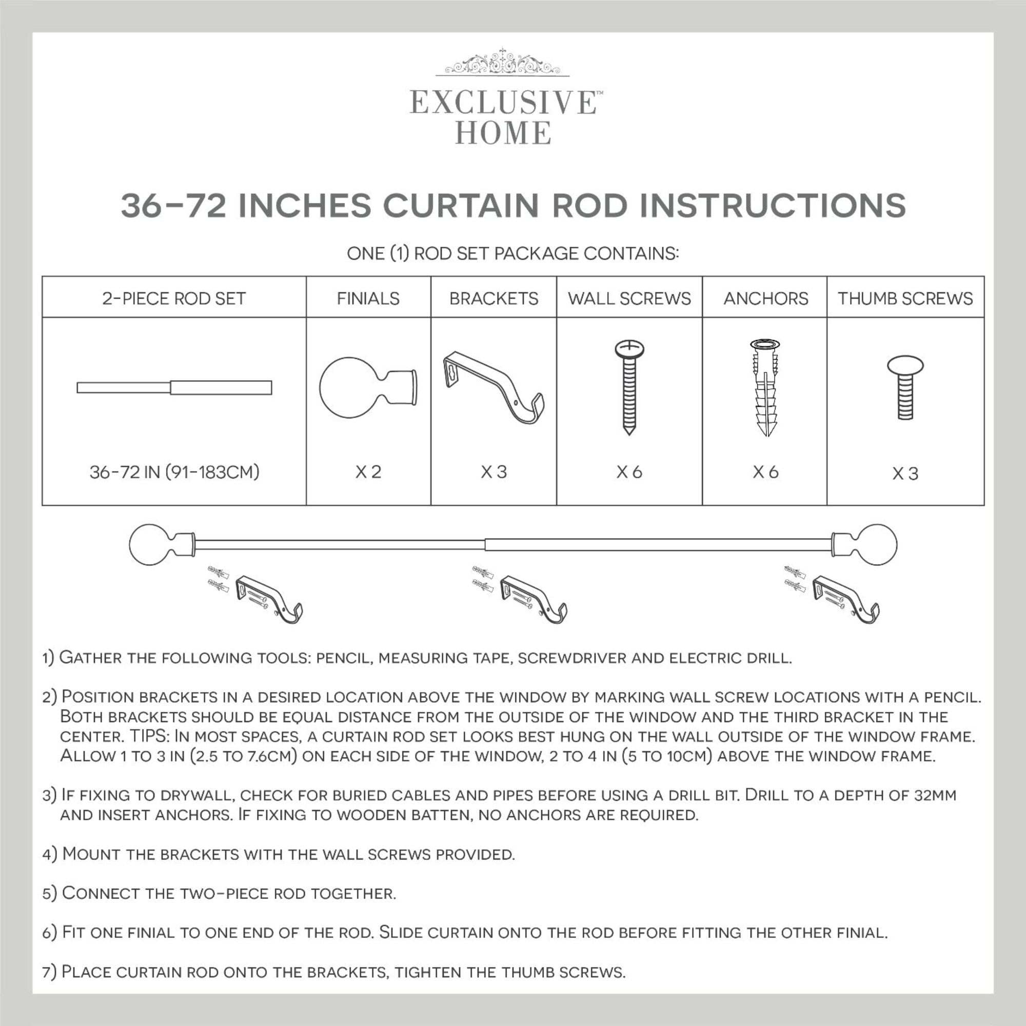 Exclusive Home Loran 1" Window Curtain Rod and Finial Set, Adjustable 36"-72", Oil Rubbed Bronze