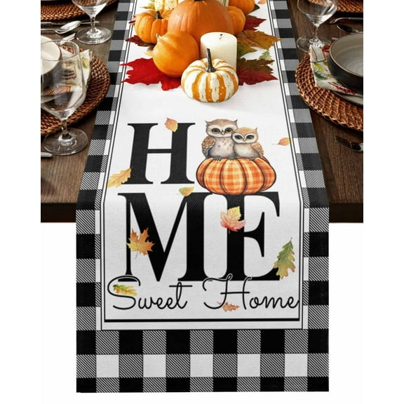 Table Runner Dresser Scarves 60 Inch Long,Thanksgiving Pumpkin Owl Maple Leaves Linen Dining Table Runners Sweet Home Buffalo on White Tabletop Scarf for Wedding Holiday Party Kitchen