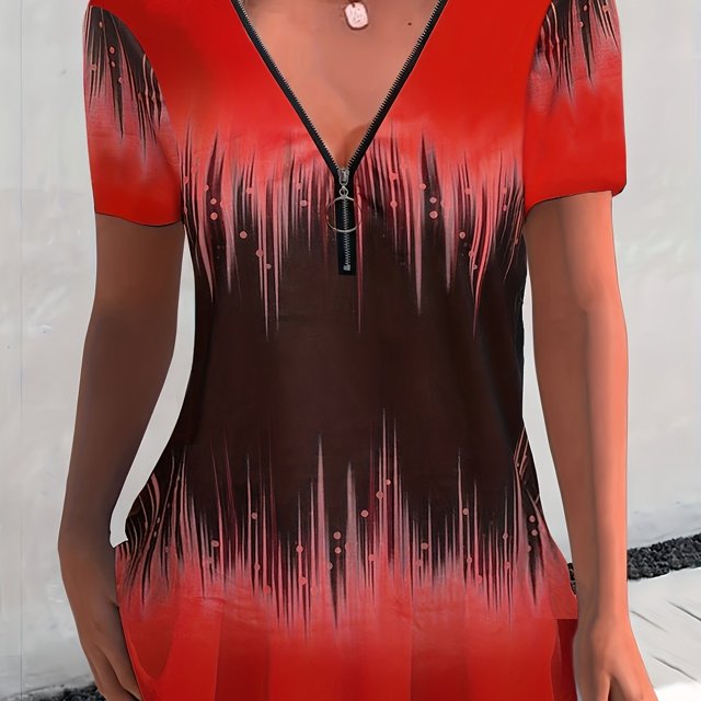 Camiseta Con Cremallera De Bloque De Color, Camiseta Casual De Manga Corta, Ropa De Mujer