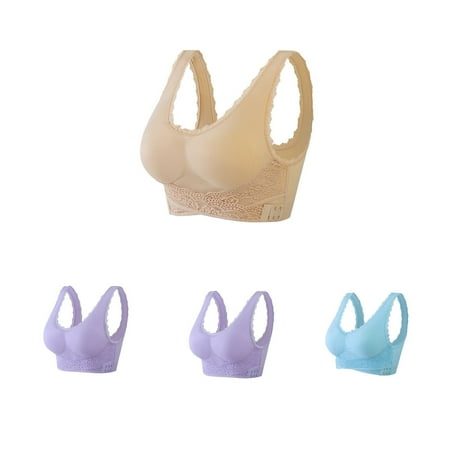 Tumotour Full Coverage Bra For Women Lace Edge Traceless Gathering Cross Side Openings Front Push Up Sleeping Nursing Bra Solid Color Seamless Push Up Wireless Yoga Vest Bra 4Pcs