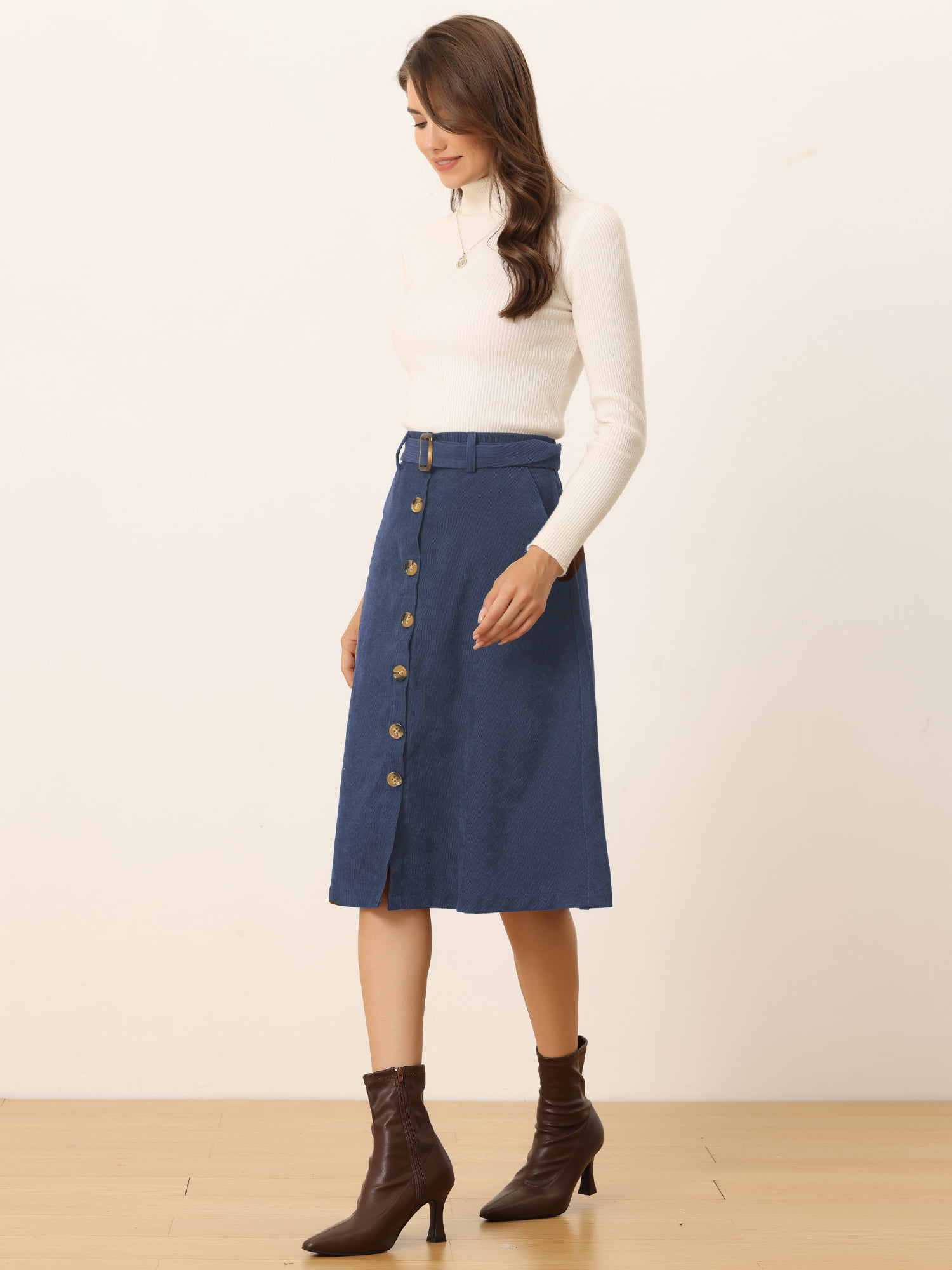 DARING DIVA Women's A-Line Button Front Belted Midi Skirts S Dark Blue