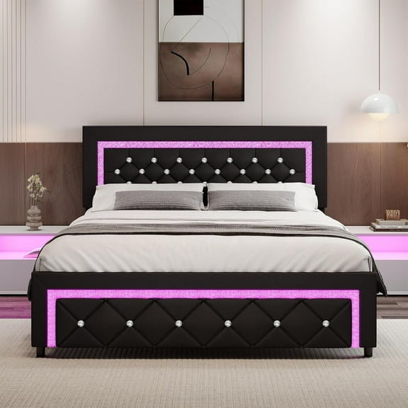 4 EVER WINNER Queen Size LED Bed Frame with Headboard,Upholstered Platform Bed Frame with LED Lights,Diamond Tufted Headboard and Footboard,Black