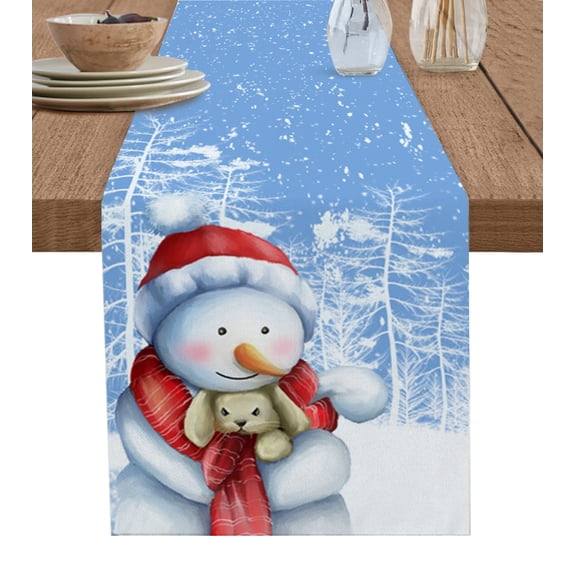 Snowman, Table Runner 36 Inches, Winter Christmas Snowflake Bunny Blue Red Bed Runner Dresser Scarves Tabletop for Indoor Outdoor Parties/Ceremony/Banquet, 13"x 36"
