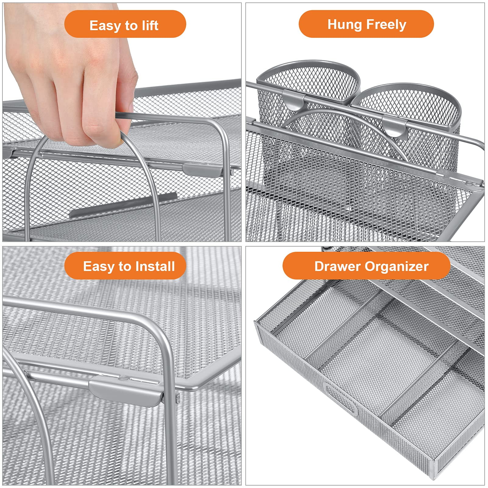 Marbrasse 4-Trays Desktop File Organizer with Pen Holder | Paper Letter Tray with Drawer and 2 Pen Holder | Mesh Office Supplies Desk Organizer for Home Office (Silver)