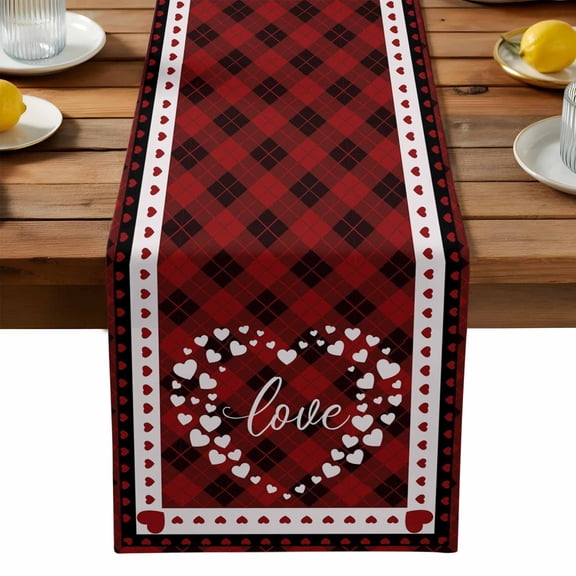 Valentine's Day Table Runner, Romantic Red Love Heart Red Black Buffalo Plaid Washable Kitchen Table Runners Dress Scarves for Dining Table Decorations Party, 13x72in