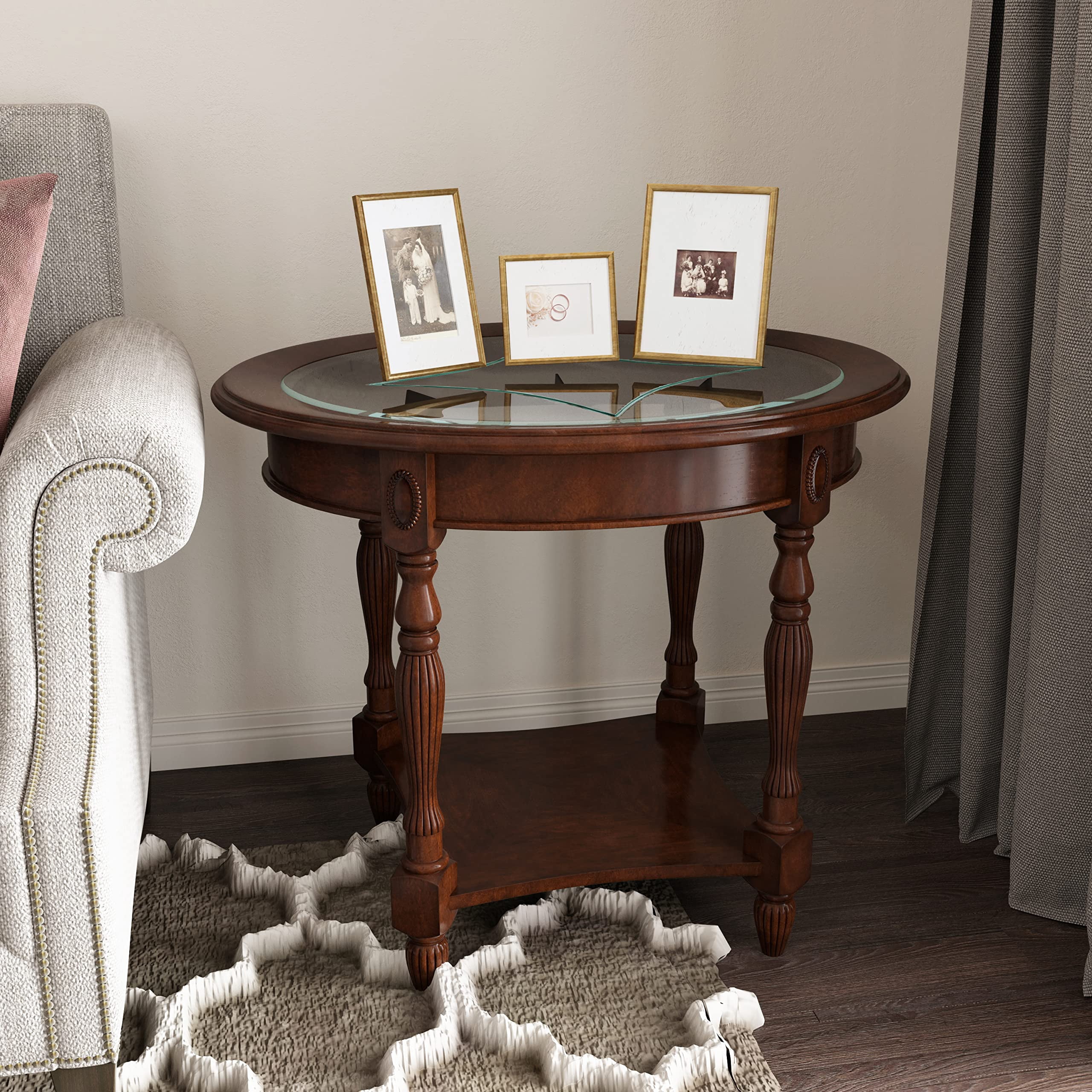 JESONVID Traditional Solid Wood Oval End Table with Tempered Glass Top，2 tier Side Table for Living Room Bedroom,Cherry Walnut