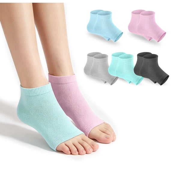 5 Pairs Open Toe Gel Liner Heel Socks, Unisex One Size for Dry Cracked Hard Heels, 5 Assorted Colors