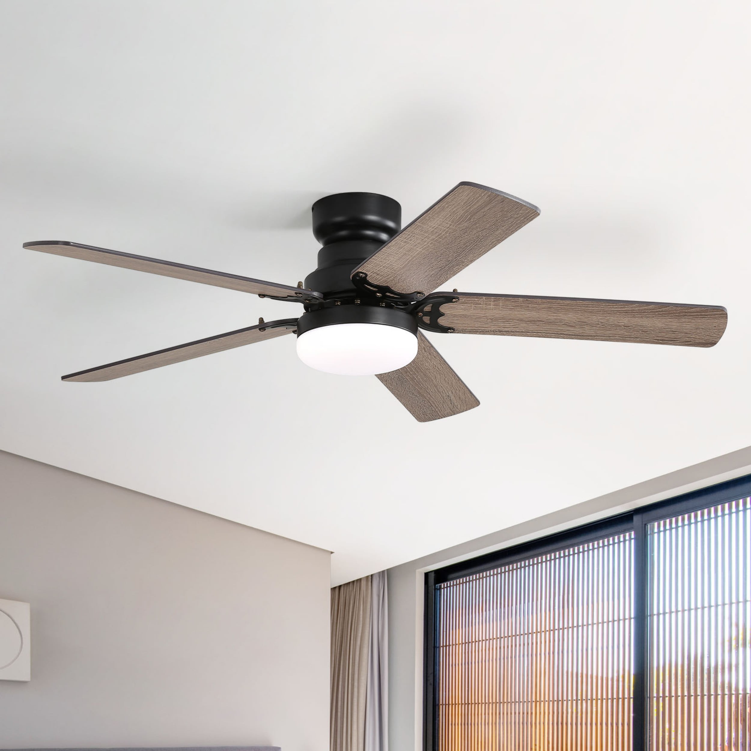 Sofucor 42 Inch Modern Ceiling Fan With LED Light 5 Blades Remote Control Reversible DC Motor Black For Bedroom