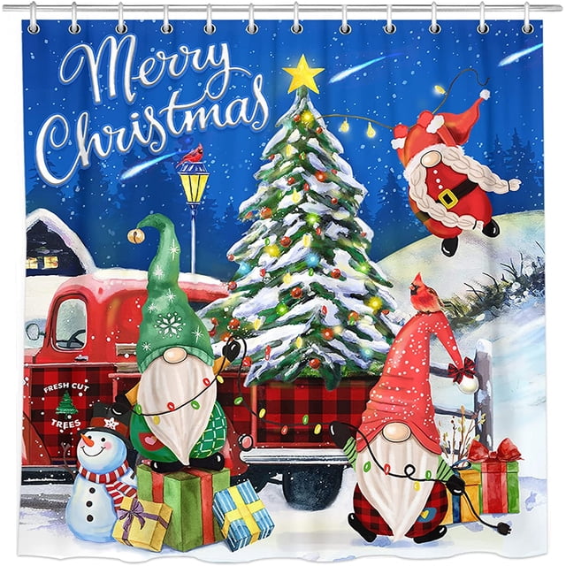 Cortina de ducha navideña, 71.7 x 71.7 in, cortina de baño impermeable con gnomos de Feliz Navidad, camión rojo, árbol de Navidad, muñeco de nieve, cortinas de ducha de tela para baño con ganchos para decoración del hogar, regalos Sailing Electrónica