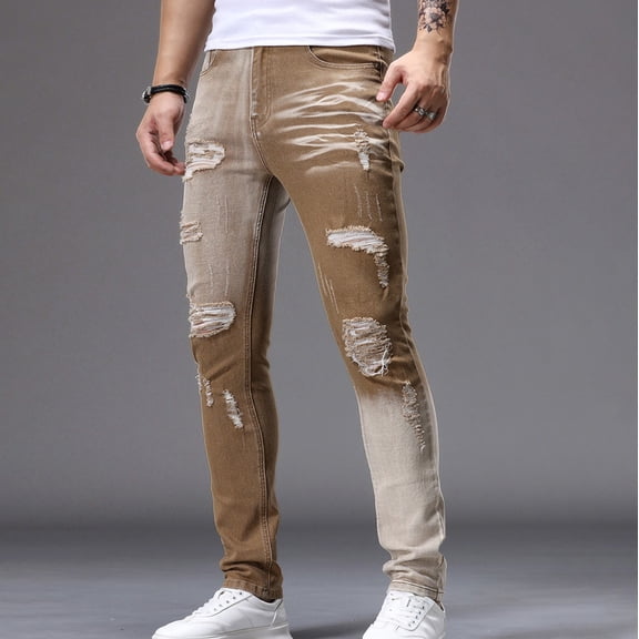 Blmnix Skinny Trousers for Men Ripped Jeans Low Waisted Cargo Jeans Slim Fit Pants Yellow Slim-Leg Long Summer Pants,M
