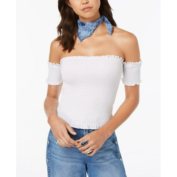 Almost Famous Juniors' Smocked Off-The-Shoulder Crop Top (White, XL)