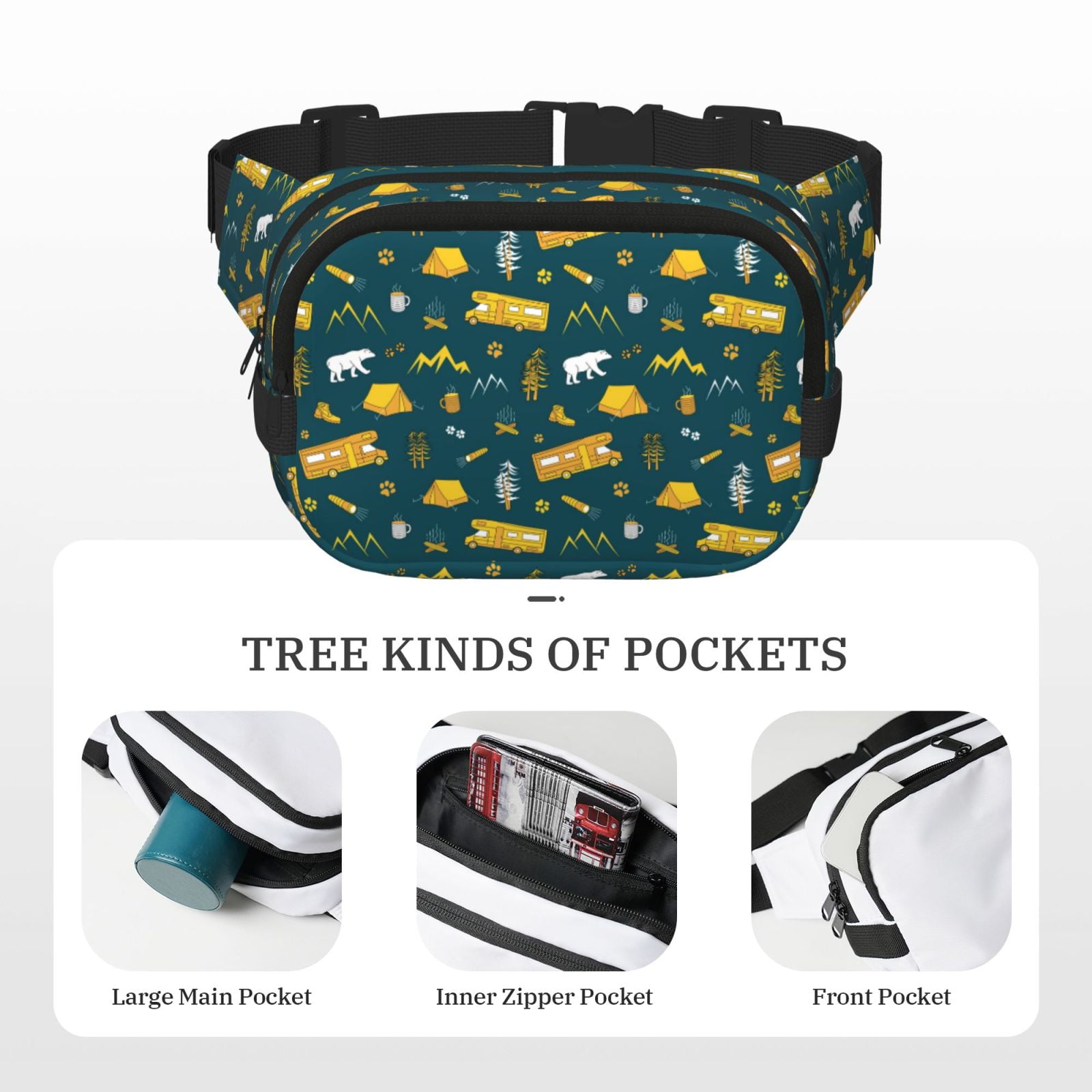 Hirioo Camping for Double Layer Waist Bag Adjustable Fanny Pack For Travel Running Hiking