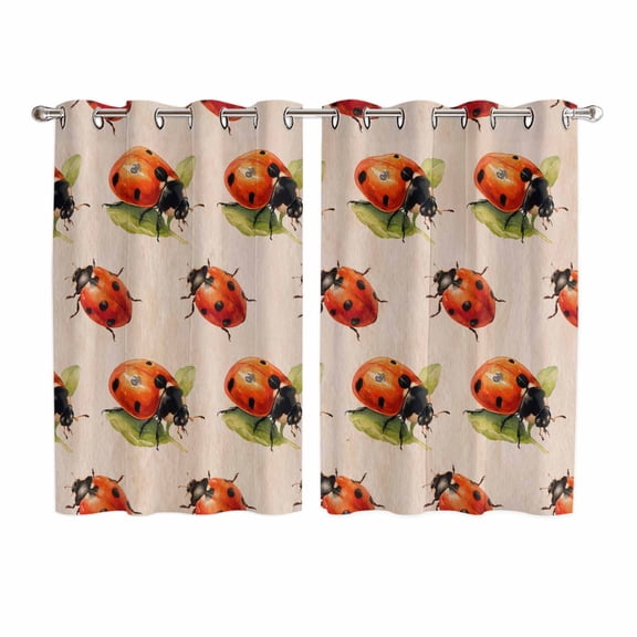 Cute Ladybugs Kitchen Curtains Window Panels, Spring Botanical Leaves Vintage Insulated Window Treatment Curtain, Grommet Curtains for Bedroom/Living Room/Bathroom, 2 Piece 52"Wx72"L