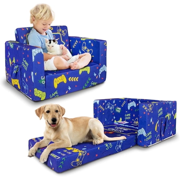 Beavtaens Toddler Sofa, 2-in-1 Gamepad Flip Open Toddler Couch, with Side Pocket, for Ages 18 Months