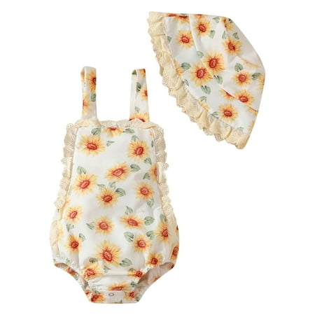

WUDATI Sleeveless Floral Sunflower Ruffle Romper Baby Girl Clothes Soft Breathable Bodysuit with Hat Summer Fall Outfit Indoor Outdoor Photography Gift