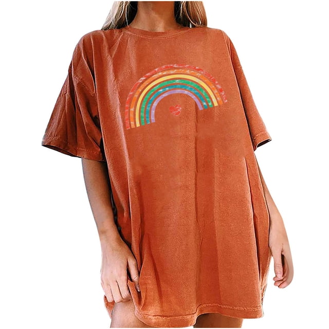Pompotops Hauts Vintage à Manches Courtes pour Femmes Motif Imprimé Arc-en-Ciel Décontracté