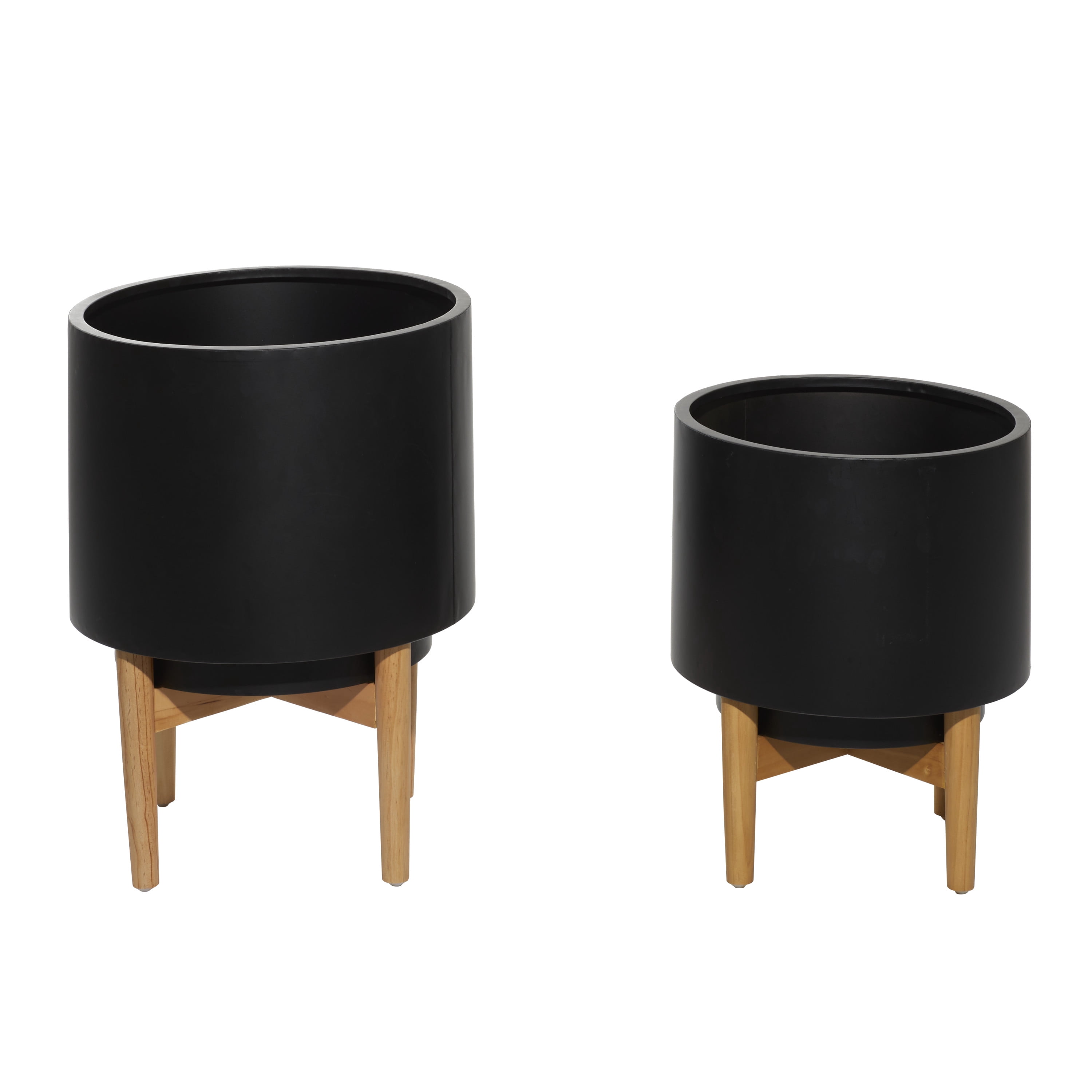 CosmoLiving by Cosmopolitan 20", 16"H Indoor Outdoor Black Metal Planter with Removable Wood Stand (2 Count)