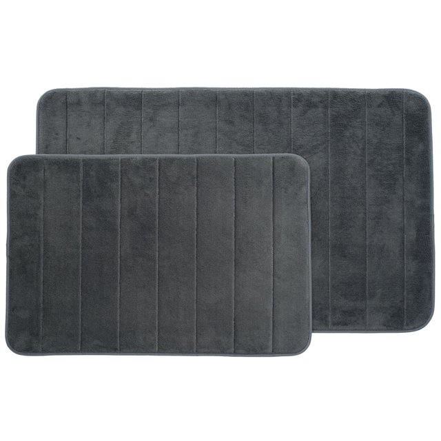 Lavish Home Set of 2 Microfiber Memory Foam Bath Mats – Plush Bathroom Rugs with Nonslip Back and Quick Drying Striped Pattern Top (Grey)
