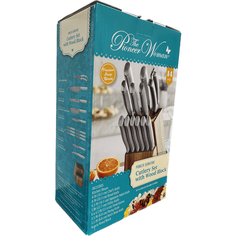The Pioneer Woman Pioneer Signature 14-Piece Stainless Steel Knife Block  Set, Linen