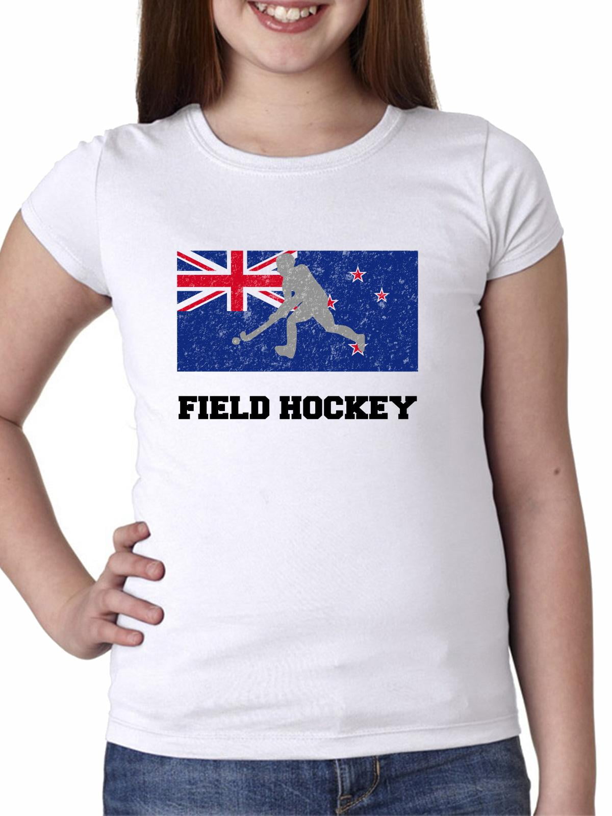 New Zealand Olympic Field Hockey Flag Silhouette Girl's Cotton Youth T-Shirt by Hollywood Thread