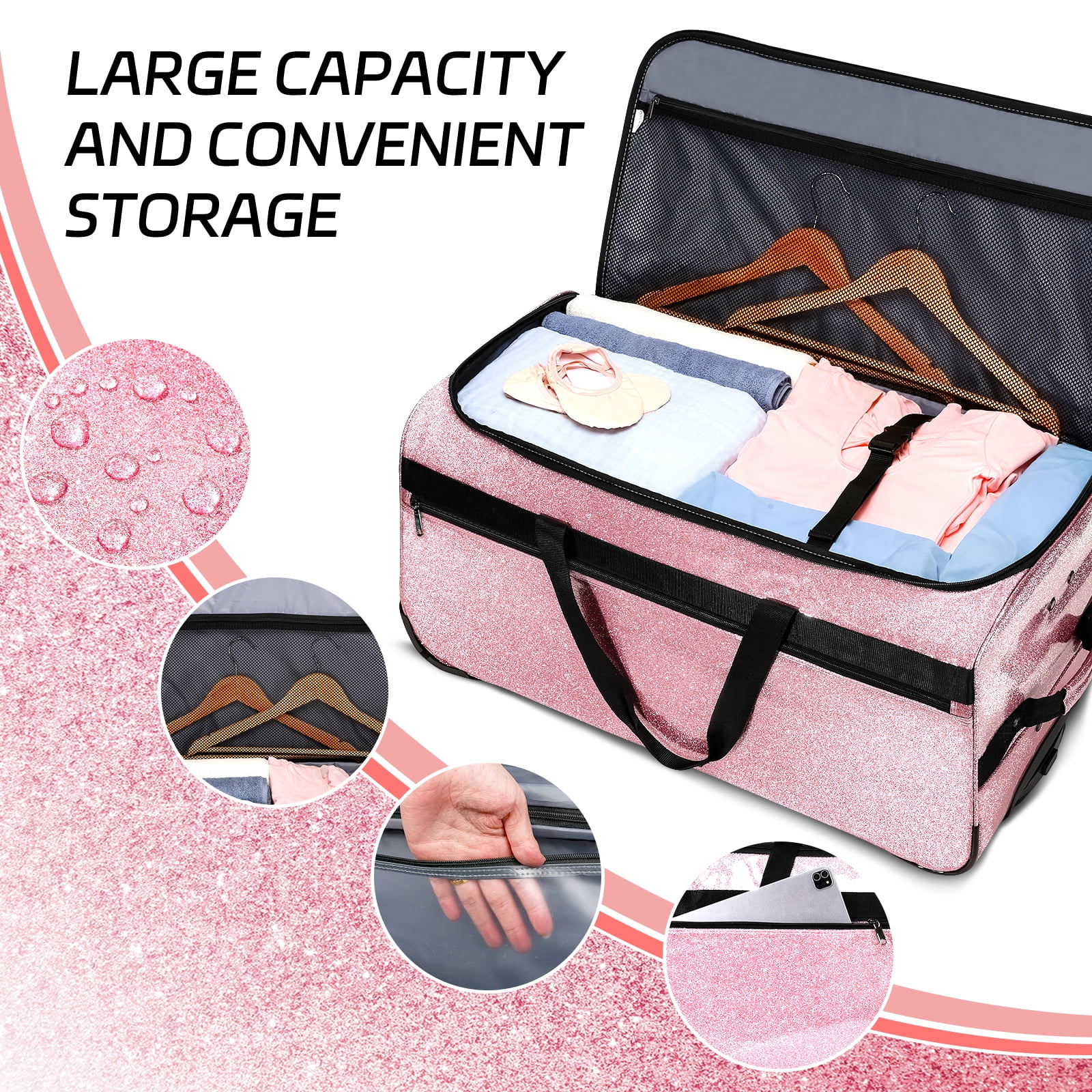 Dance Bag with Garment Rack, 28" Rolling Dance Competition Bag for Shows,Travel and Performances