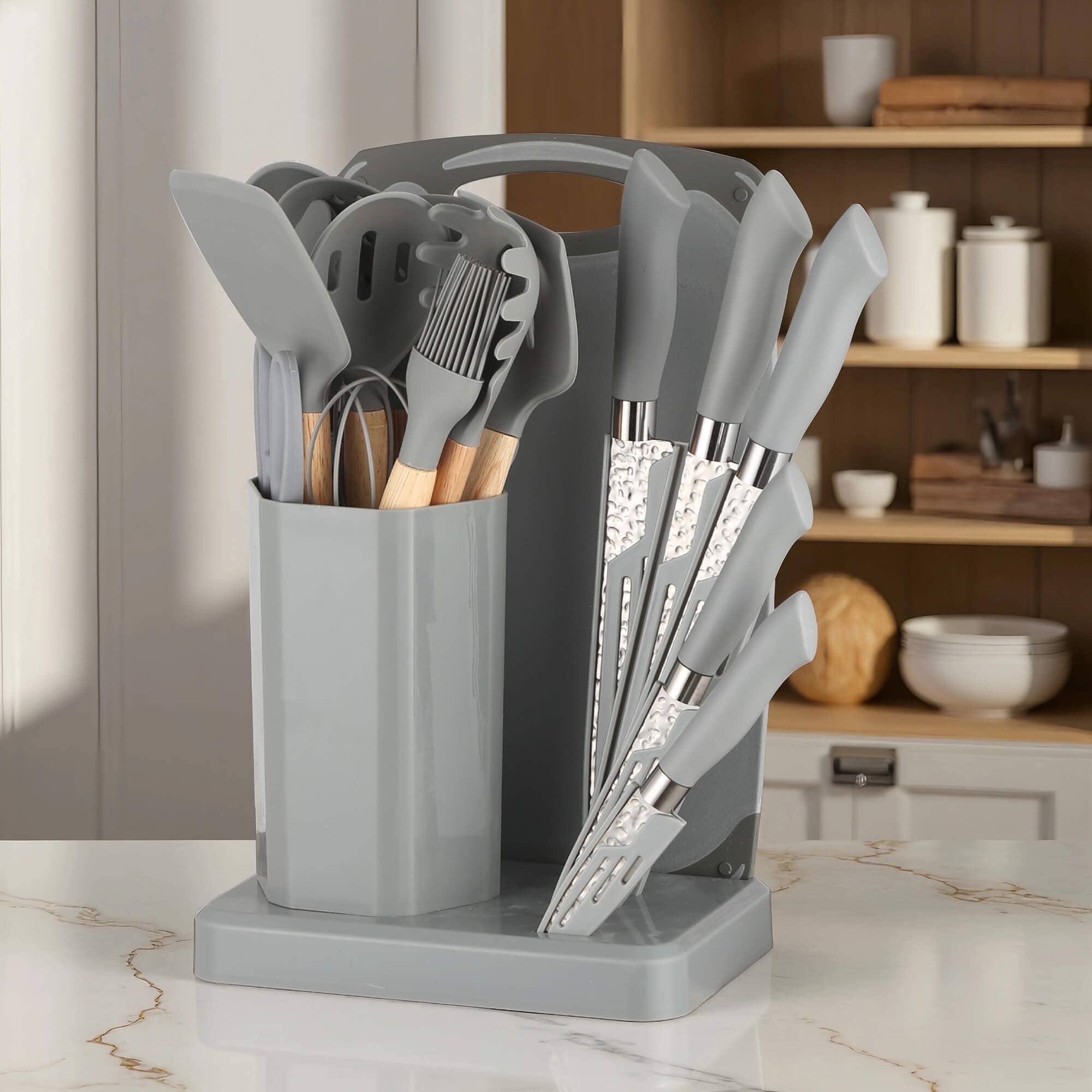 HEESEM 23 PCS Silicone Utensils Kitchenware Set with Removable Knife Cover, Non-Stick Heat Resistan Tools-Gray