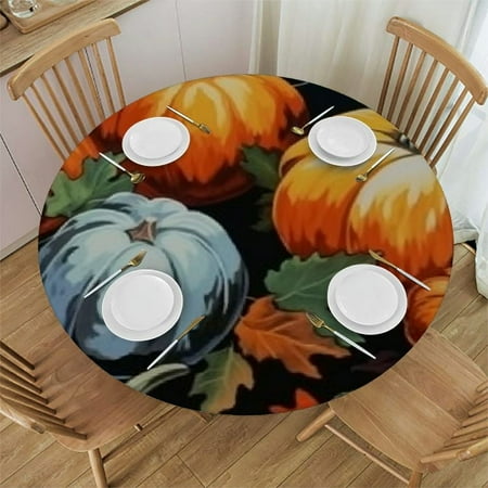 

Ullo0ord Fall Orange Blue Pumpkins Table Cloth Round Fitted Tablecloths with Elastic Edge Thanksgiving Maple Leaves Wipeable Waterproof Table Cover for Kitchen Wedding 46 -50