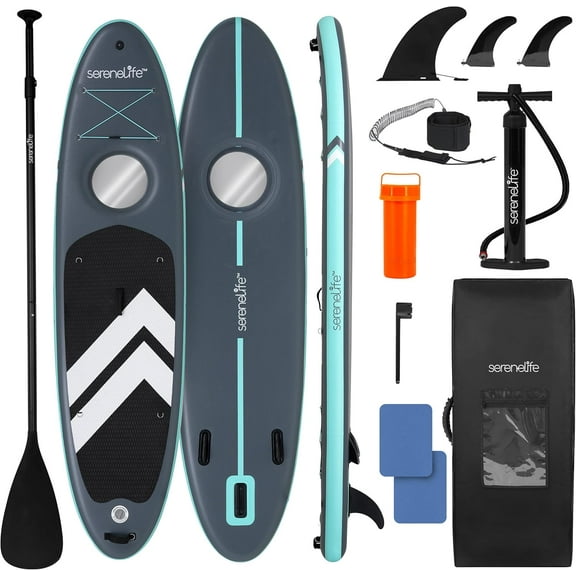 SereneLife 106 Inflatable Stand-Up Paddle Board with Window - 32 Wide Stable Design with Non-Slip EVA Deck Pad, Premium SUP Accessories and GoPro Mount, for Youth and Adults, 350 lbs. Capacity