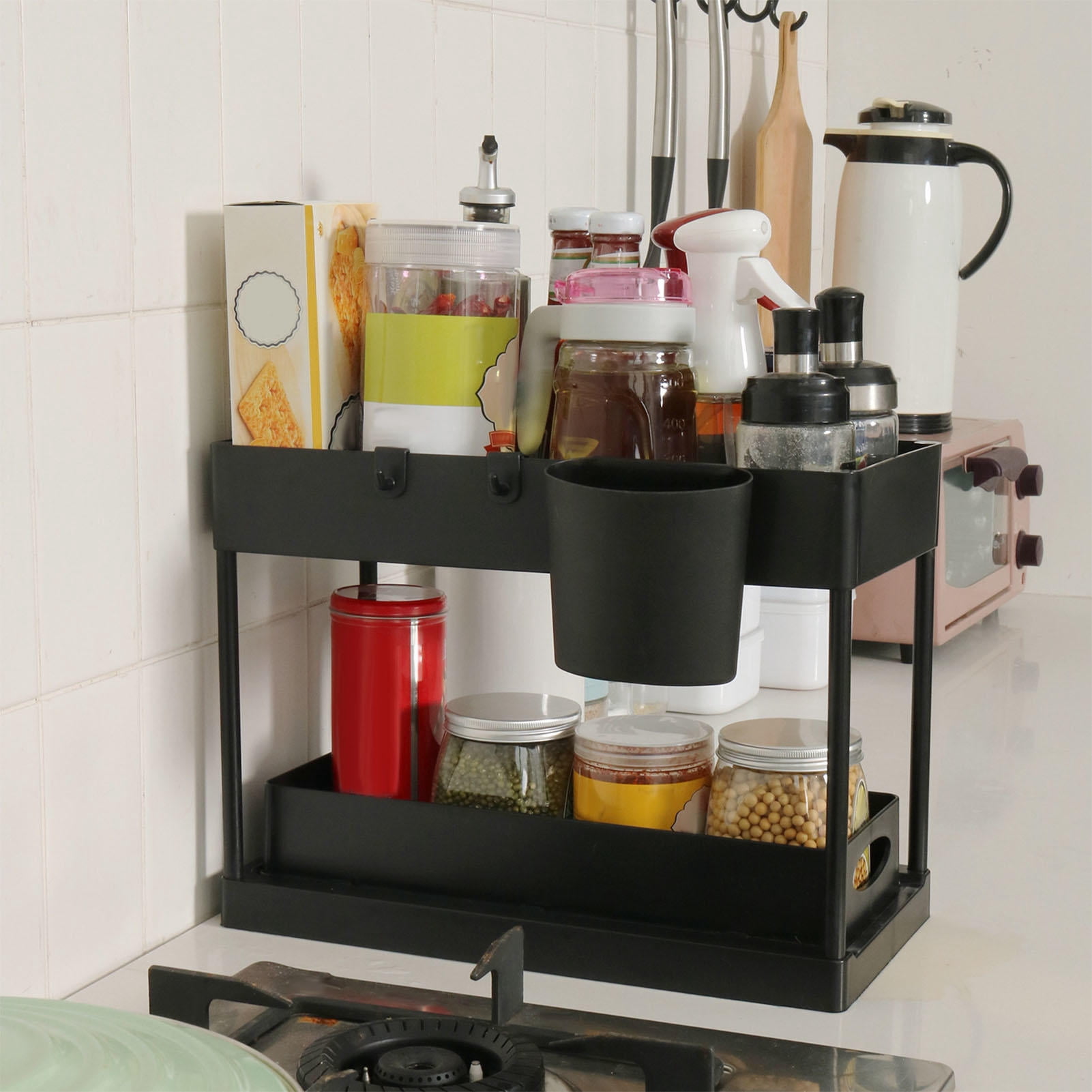 LAZIOEGR Premium 2-Tier Under Sink Organizer, Sliding Pull-Out Cabinet Storage Shelf Basket Rack for Bathroom Kitchen and Laundry Room, Matte Black (16.14 inches / 41 cm)