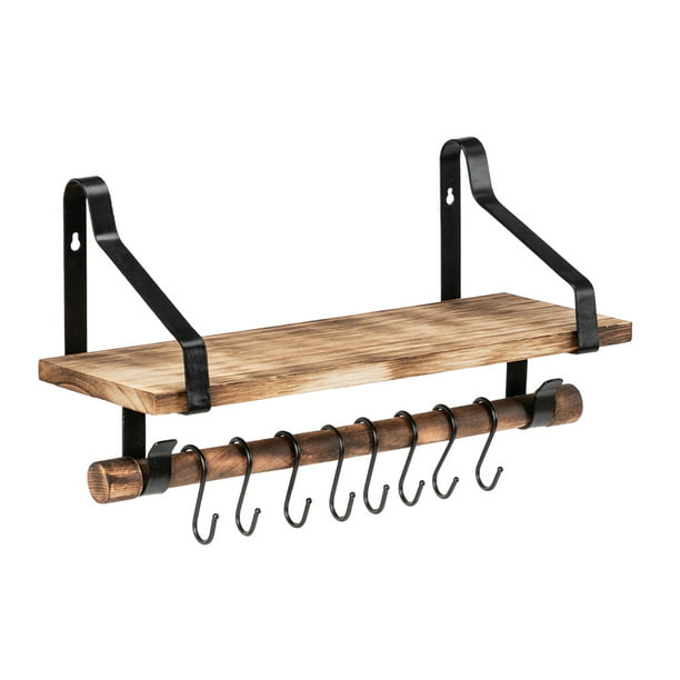 Floating Shelf Rustic Wood Kitchen Spice Rack With Towel Bar And 8 Hooks Com - Kitchen Wall Shelves With Hooks