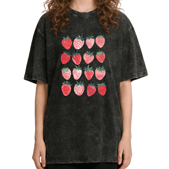 Women's Strawberry Grid Graphic Vintage Comfortable Short Sleeve Breathable Washed T Shirt Black S-2XL Plus Size