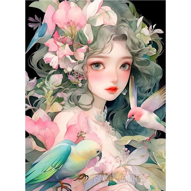 Pintura de diamantes para regalo de Navidad, decoración de habitación de niños, mosaico bordado de diamantes, flor de pájaro redondo, Cuadrado completo, chica de dibujos animados, bricolaje