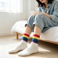 thumbnail image 3 of Unisex Rainbow Striped Crew Socks Soft Breathable Mid Calf Socks Colorful Ribbed Cuff Fashion Casual Socks for Men Women Daily Street Holiday Outfit,1 Pair, 3 of 4