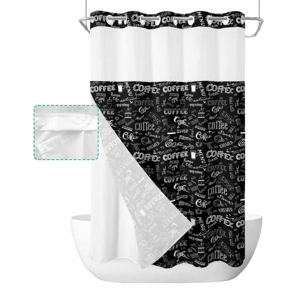 No Hook Shower Curtain with Snap in Liner, Mid-Century Modern Coffee Shop Letterings Patterns Black Shower Curtains for Bathroom, Washable Shower Curtain Liner Set with Mesh Top Window, 54"x78"