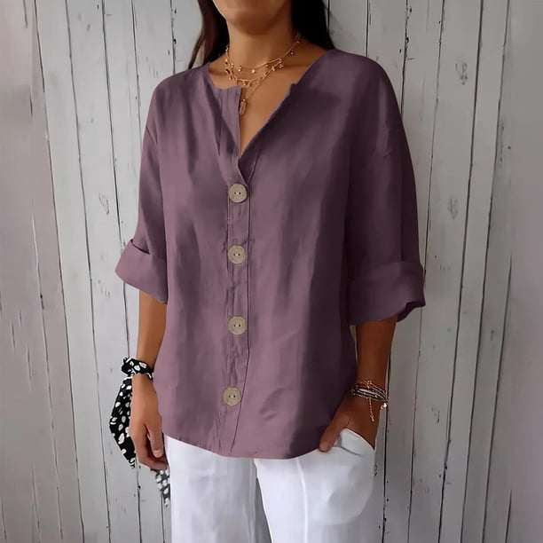 mfyjkho Tops Para Mujer, Blusa Holgada De Lino Con Cuello En V, Mangas 3/4 Y Botones, Color Liso, Para Mujer Tops Y Blusas Para Mujer Xxxxl