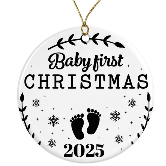 Baby's First Christmas Ornament 2025 - Baby Footprints & Snowflake Holiday Decor Ceramic Ornament - 3 Inch - String Included - ORNW0312