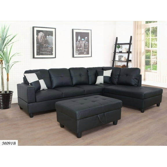 Modern Black Faux Leather 3-Piece Sectional Sofa with Storage Ottoman (103" x 73.5" x 32")