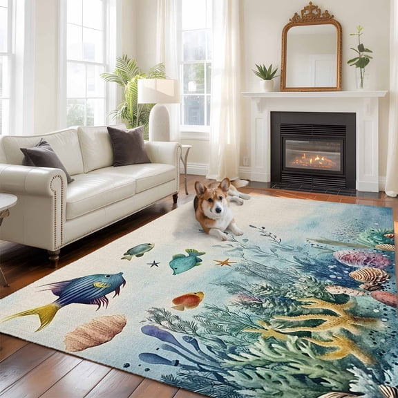 5'x8' Area Rugs, Underwater Fish Indoor Outdoor Area Rug for Living Room Bedroom, Coastal Coral Starfish Retro Beige Washable Bathroom Rugs Kitchen Floor Carpet Mats Home Decor Aesthetic