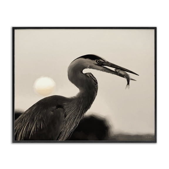 Stupell Industries Heron Feeding on Fish Animals Photography Black Framed Art Print Wall Art, 14 x 11