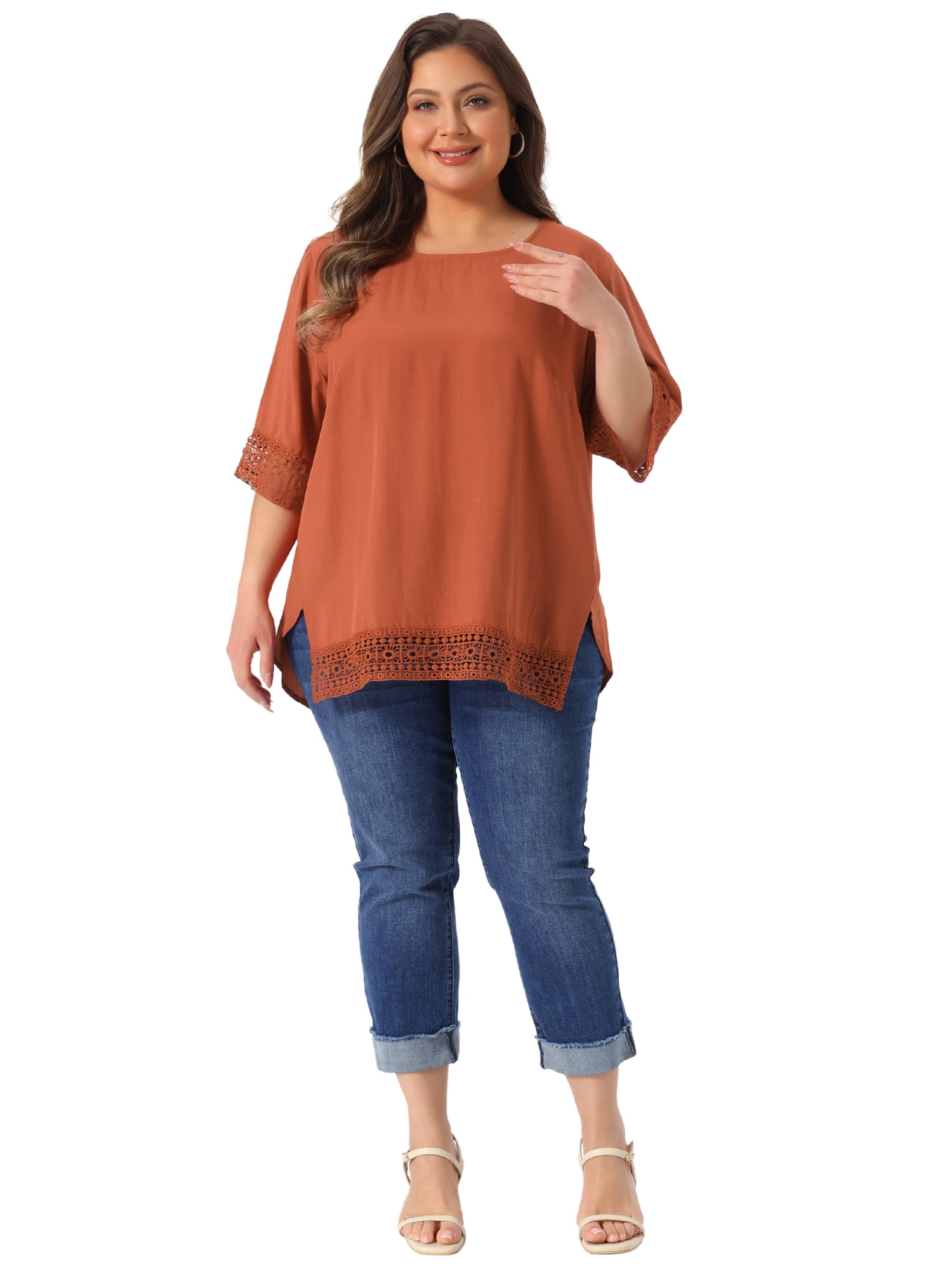 DARING DIVA Women's Plus Summer Tops Lace Crochet  Casual Cowl Neck Blouses 2X Rust Red