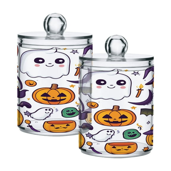 2 Pack Cartoon Ghost Pumpkin Bats Qtip Holder Dispenser Clear Plastic Storage Apothecary Jars for Cotton Swabs Balls Pads Floss